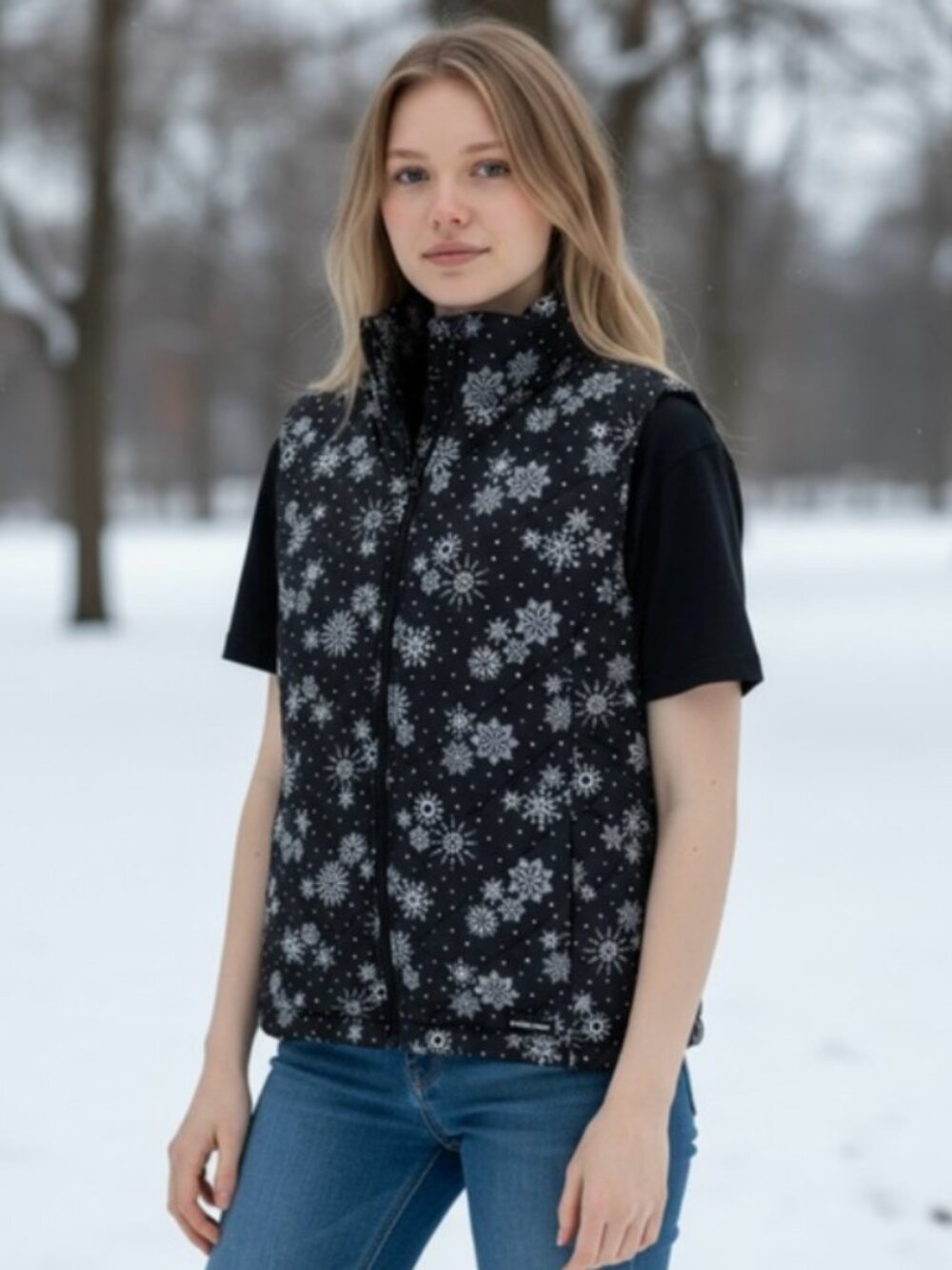 Lands' End Quilted Snowflake Print Puffer Vest M
